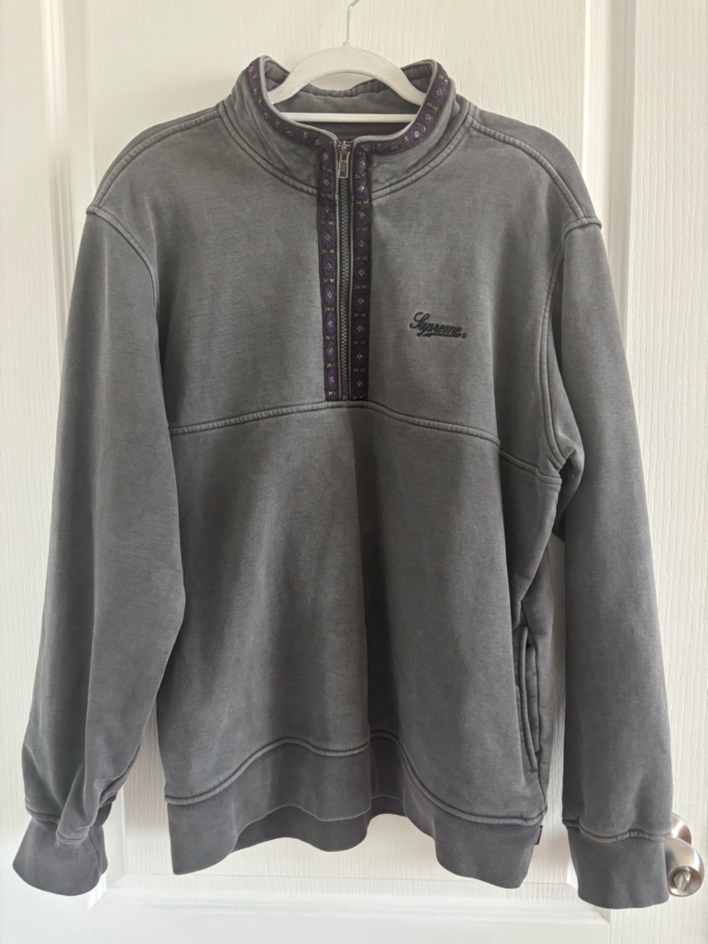 Supreme Gray Quarter-Zip Sweater with Purple Trim